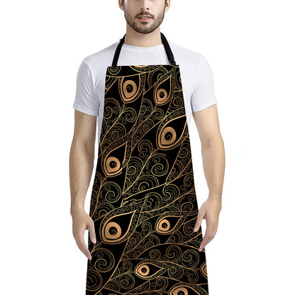 Black And Gold Peacock Feather Print Bib Apron With Pocket