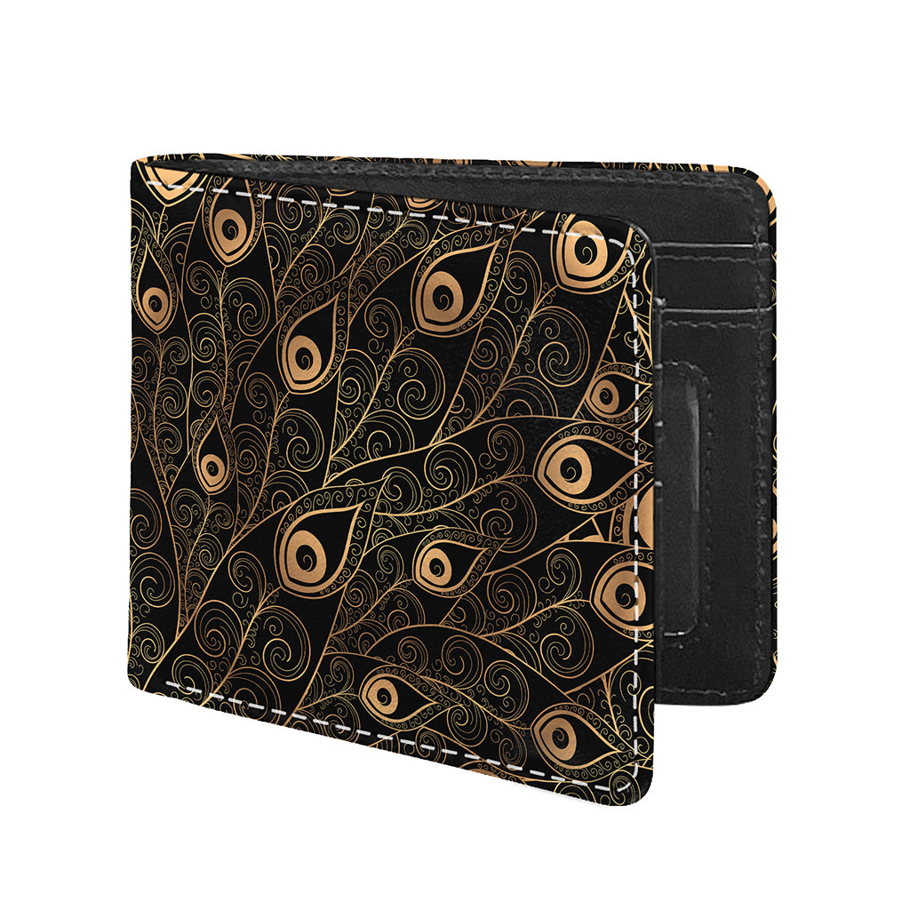 Black And Gold Peacock Feather Print Bifold Wallet