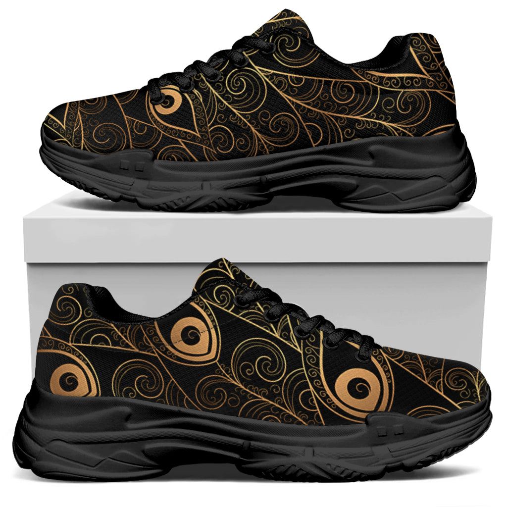 Black And Gold Peacock Feather Print Black Chunky Shoes