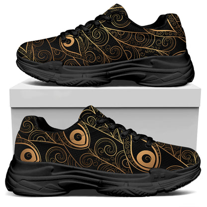 Black And Gold Peacock Feather Print Black Chunky Shoes