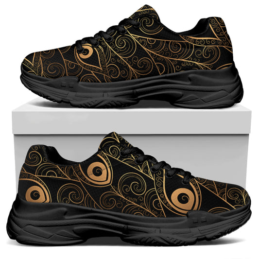 Black And Gold Peacock Feather Print Black Chunky Shoes