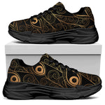 Black And Gold Peacock Feather Print Black Chunky Shoes