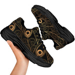 Black And Gold Peacock Feather Print Black Chunky Shoes