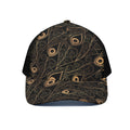Black And Gold Peacock Feather Print Black Mesh Trucker Hat