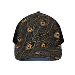 Black And Gold Peacock Feather Print Black Mesh Trucker Cap