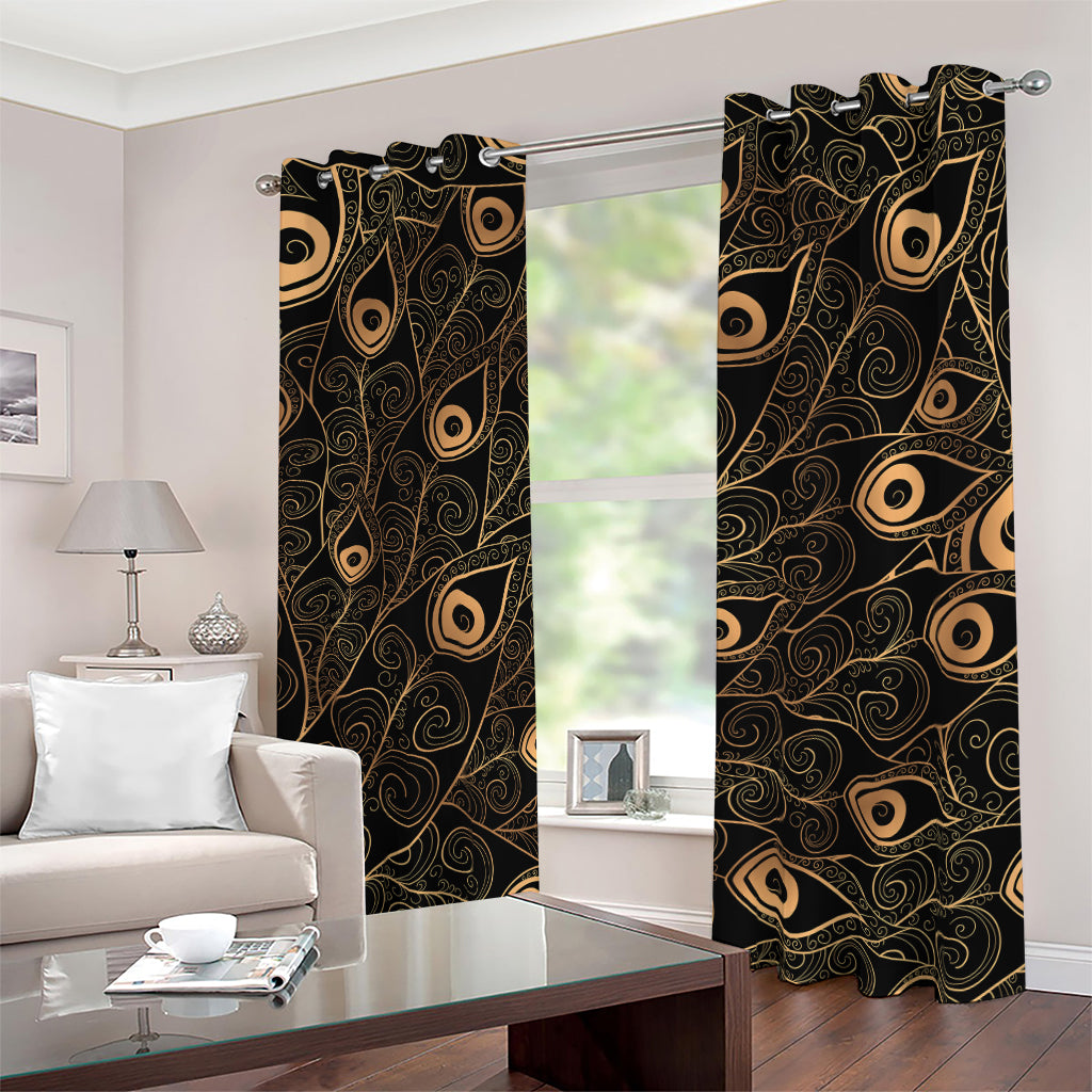 Black And Gold Peacock Feather Print Blackout Grommet Curtains