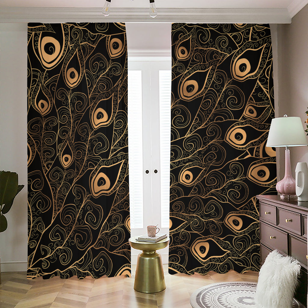 Black And Gold Peacock Feather Print Blackout Pencil Pleat Curtains