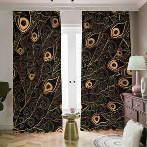 Black And Gold Peacock Feather Print Blackout Pencil Pleat Curtains