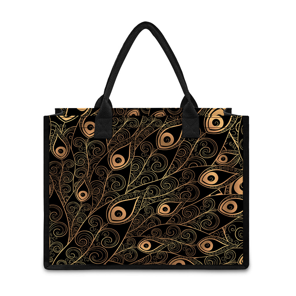 Black And Gold Peacock Feather Print Canvas Tote Bag