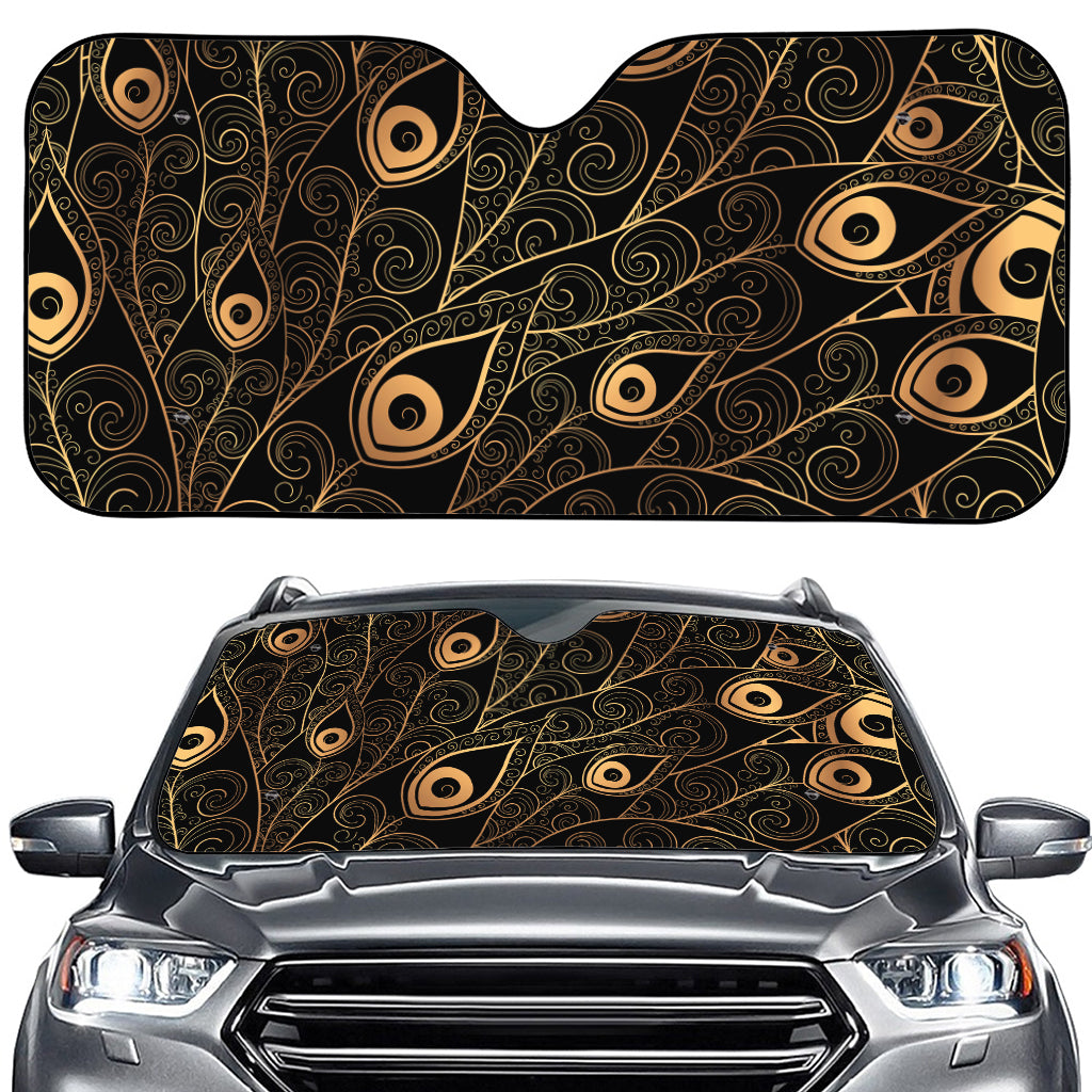 Black And Gold Peacock Feather Print Car Windshield Sun Shade