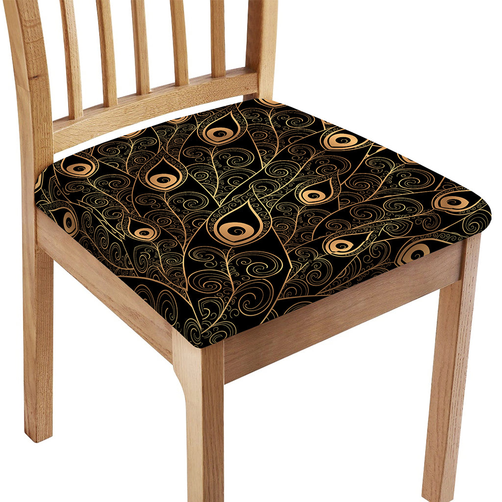 Black And Gold Peacock Feather Print Chair Cushion Cover