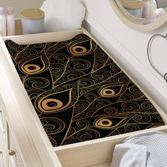 Black And Gold Peacock Feather Print Changing Pad Cover