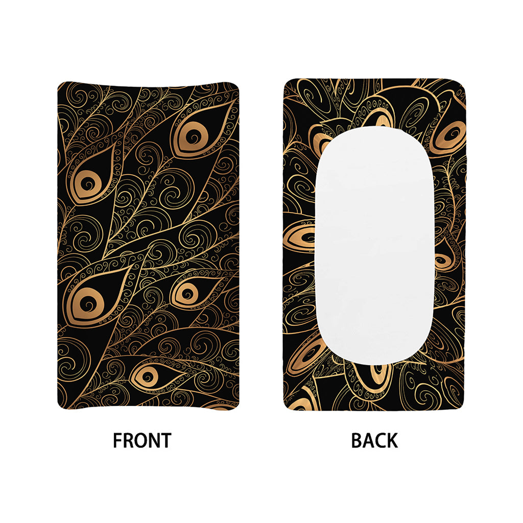 Black And Gold Peacock Feather Print Changing Pad Cover