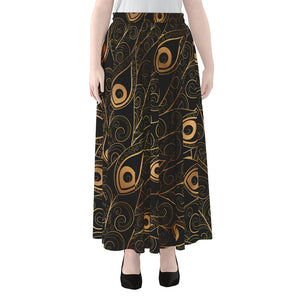 Black And Gold Peacock Feather Print Chiffon Maxi Skirt