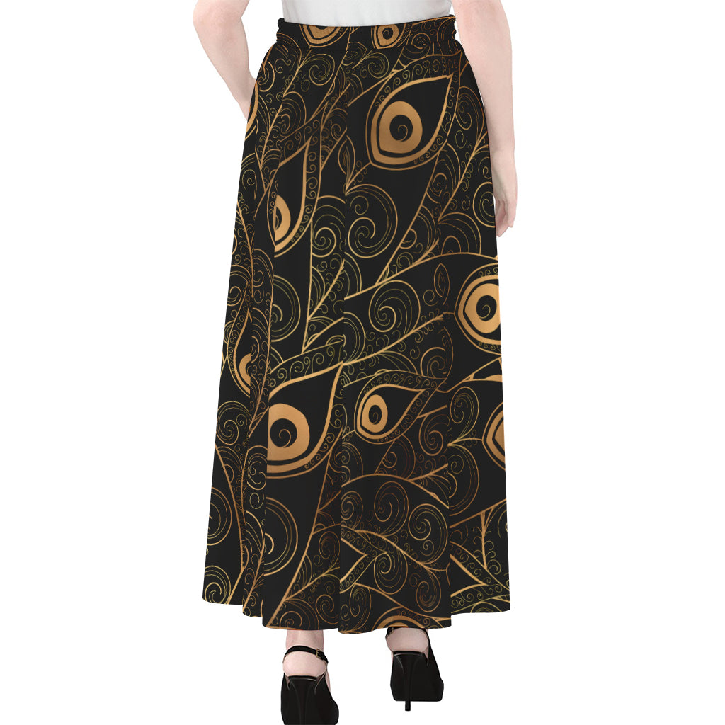 Black And Gold Peacock Feather Print Chiffon Maxi Skirt