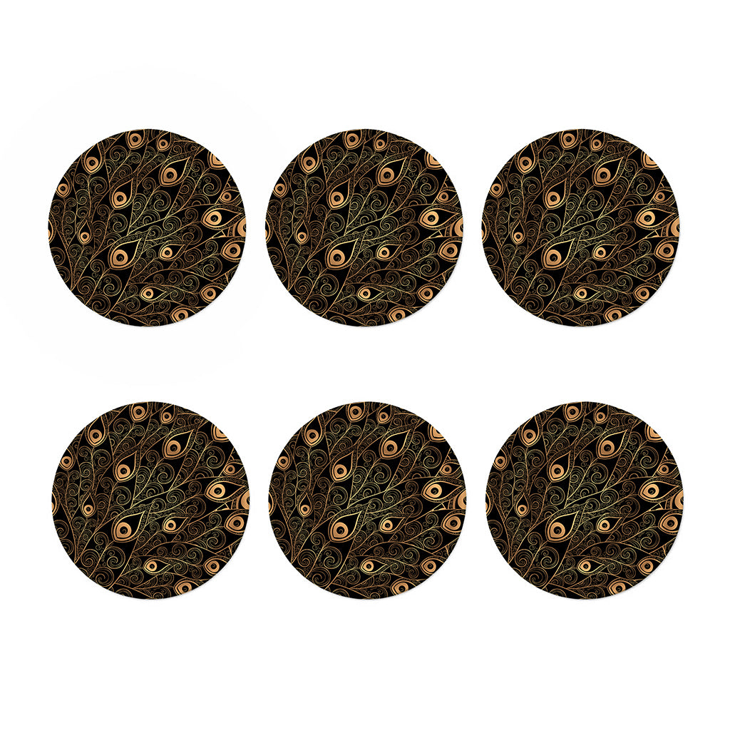 Black And Gold Peacock Feather Print Coaster Set