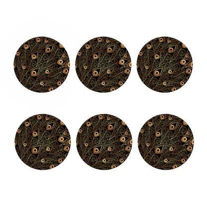 Black And Gold Peacock Feather Print Coaster Set