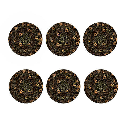 Black And Gold Peacock Feather Print Coaster Set