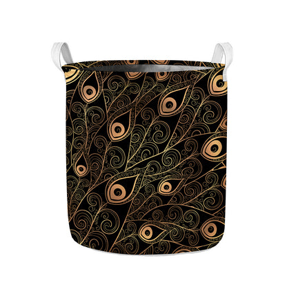 Black And Gold Peacock Feather Print Collapsible Laundry Basket