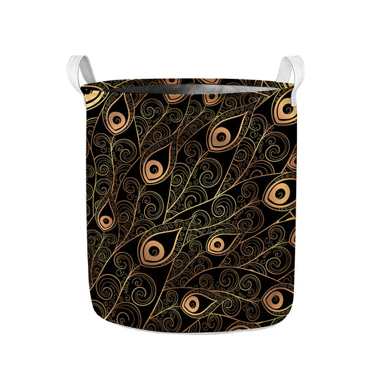 Black And Gold Peacock Feather Print Collapsible Laundry Basket