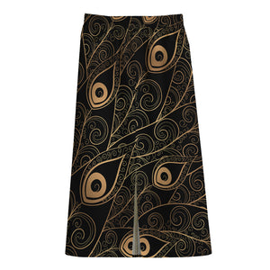 Black And Gold Peacock Feather Print Cotton Front Slit Maxi Skirt