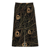 Black And Gold Peacock Feather Print Cotton Front Slit Maxi Skirt