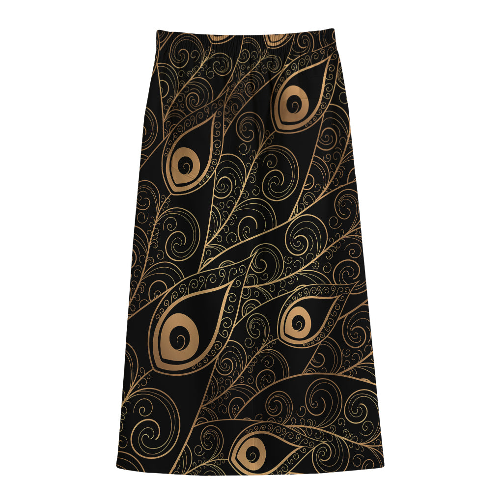 Black And Gold Peacock Feather Print Cotton Front Slit Maxi Skirt