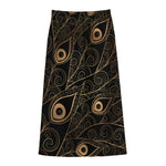 Black And Gold Peacock Feather Print Cotton Front Slit Maxi Skirt