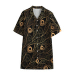 Black And Gold Peacock Feather Print Cotton Hawaiian Shirt