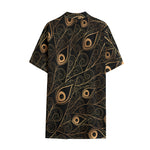 Black And Gold Peacock Feather Print Cotton Hawaiian Shirt