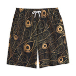 Black And Gold Peacock Feather Print Cotton Shorts