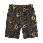 Black And Gold Peacock Feather Print Cotton Shorts