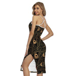 Black And Gold Peacock Feather Print Cross Back Cami Dress