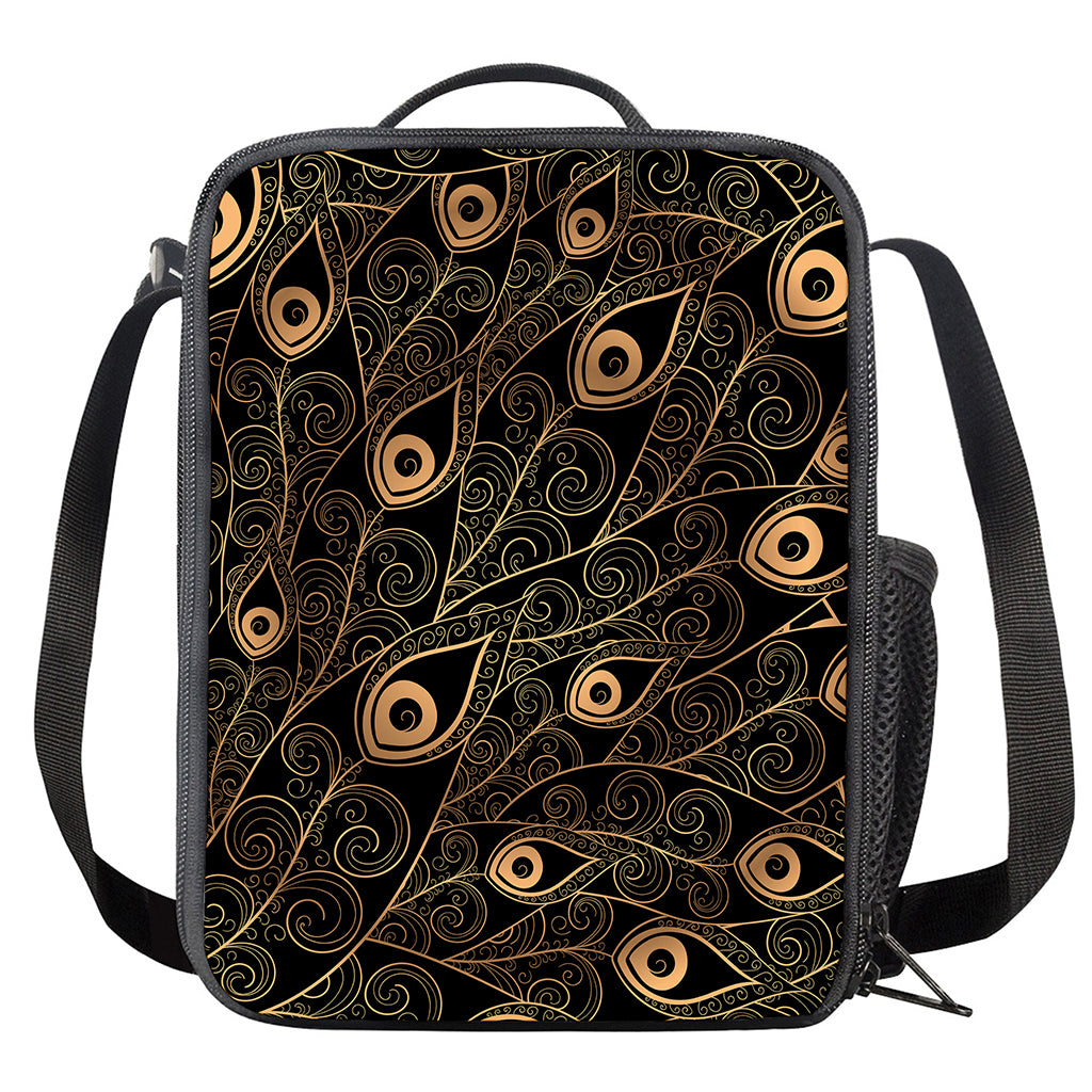 Black And Gold Peacock Feather Print Crossbody Lunch Bag