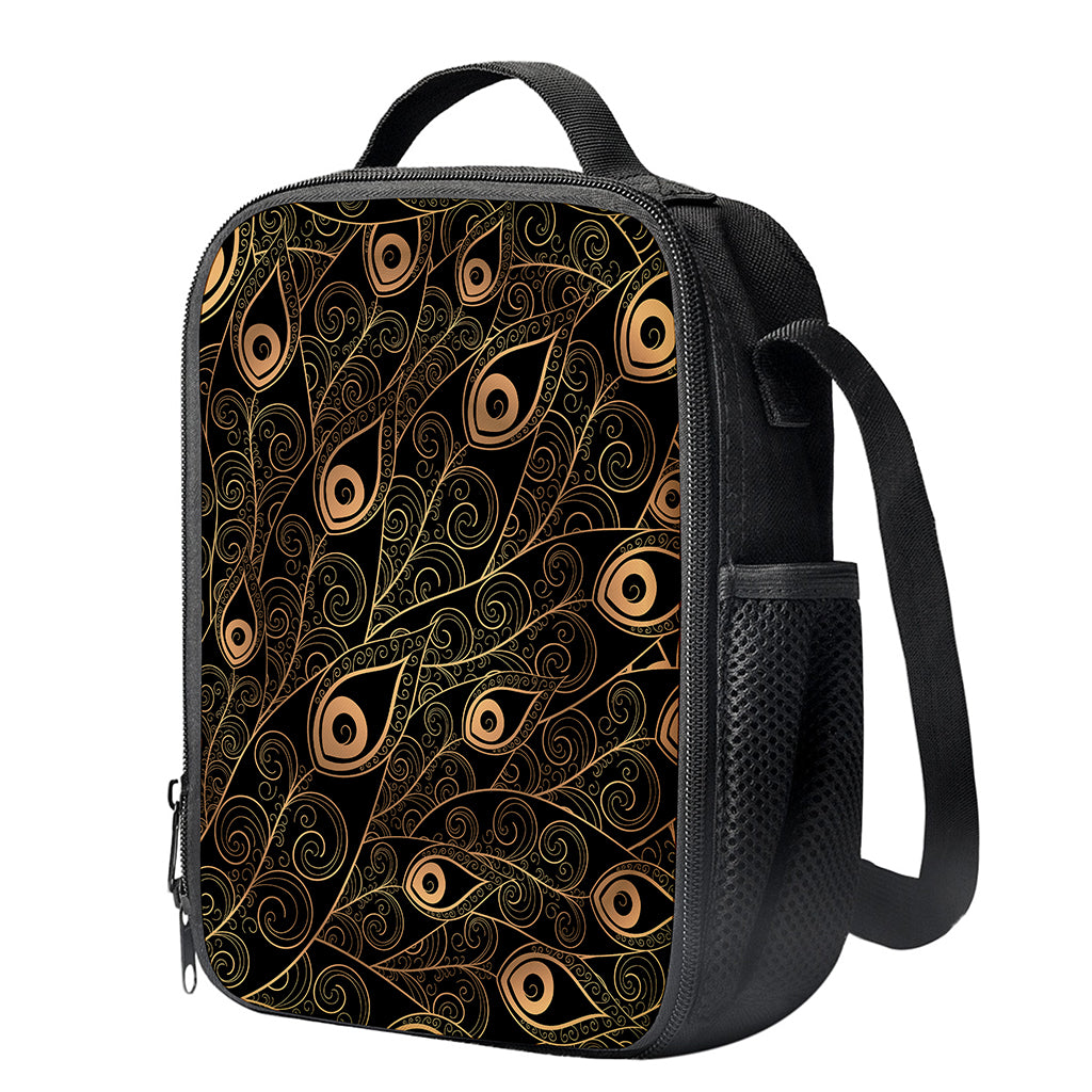 Black And Gold Peacock Feather Print Crossbody Lunch Bag
