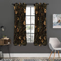 Black And Gold Peacock Feather Print Grommet Curtain Panels