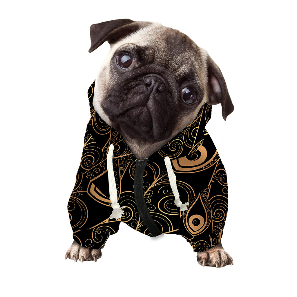 Black And Gold Peacock Feather Print Dog Zip Up Hoodie