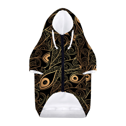 Black And Gold Peacock Feather Print Dog Zip Up Hoodie