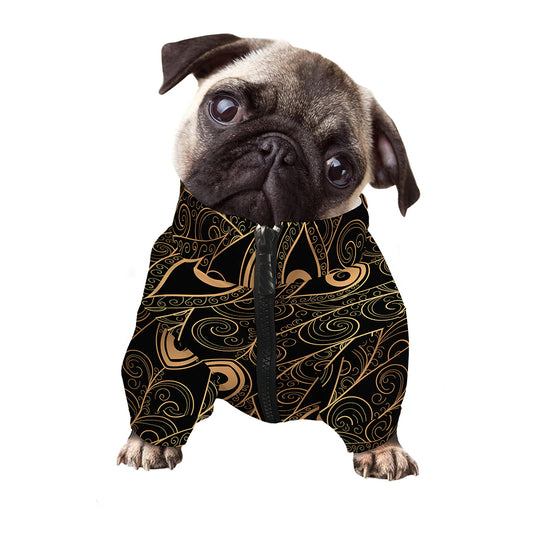 Black And Gold Peacock Feather Print Dog Zip Up Jacket