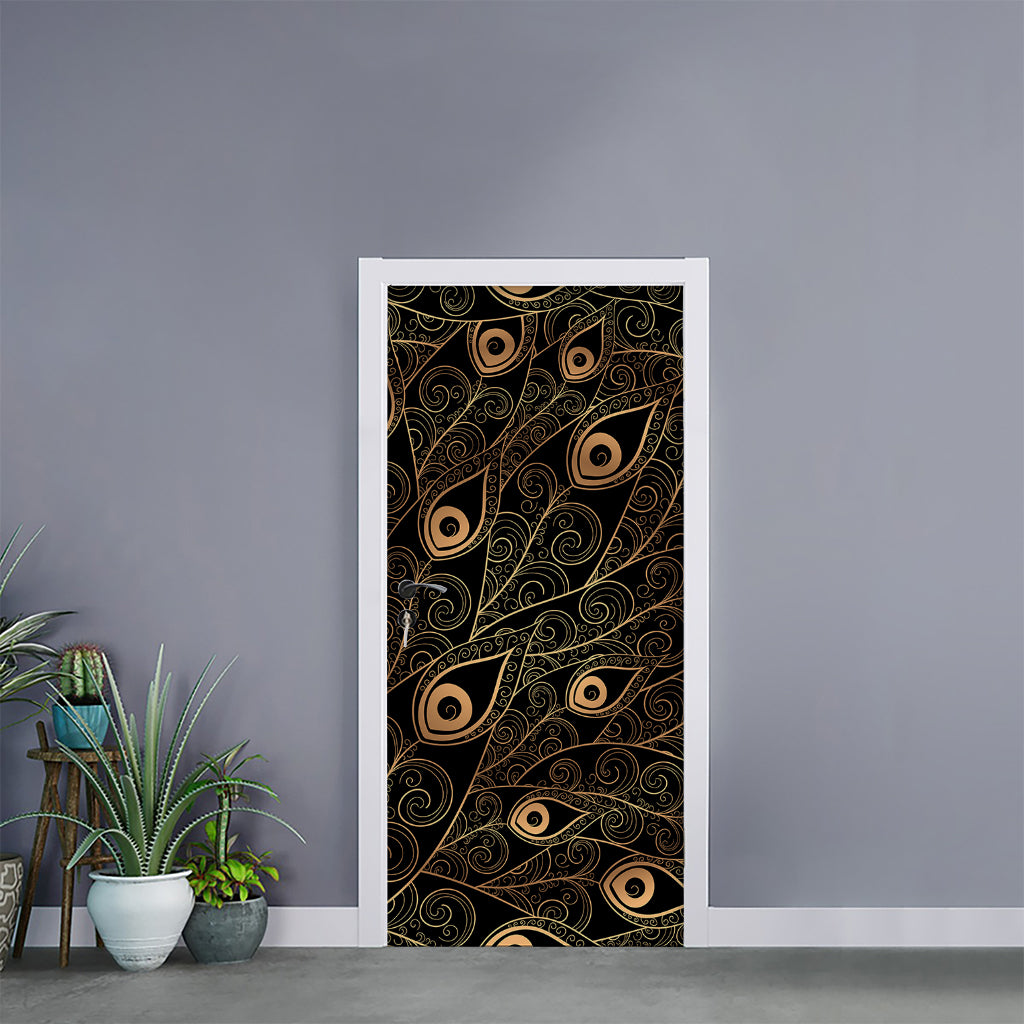 Black And Gold Peacock Feather Print Door Sticker