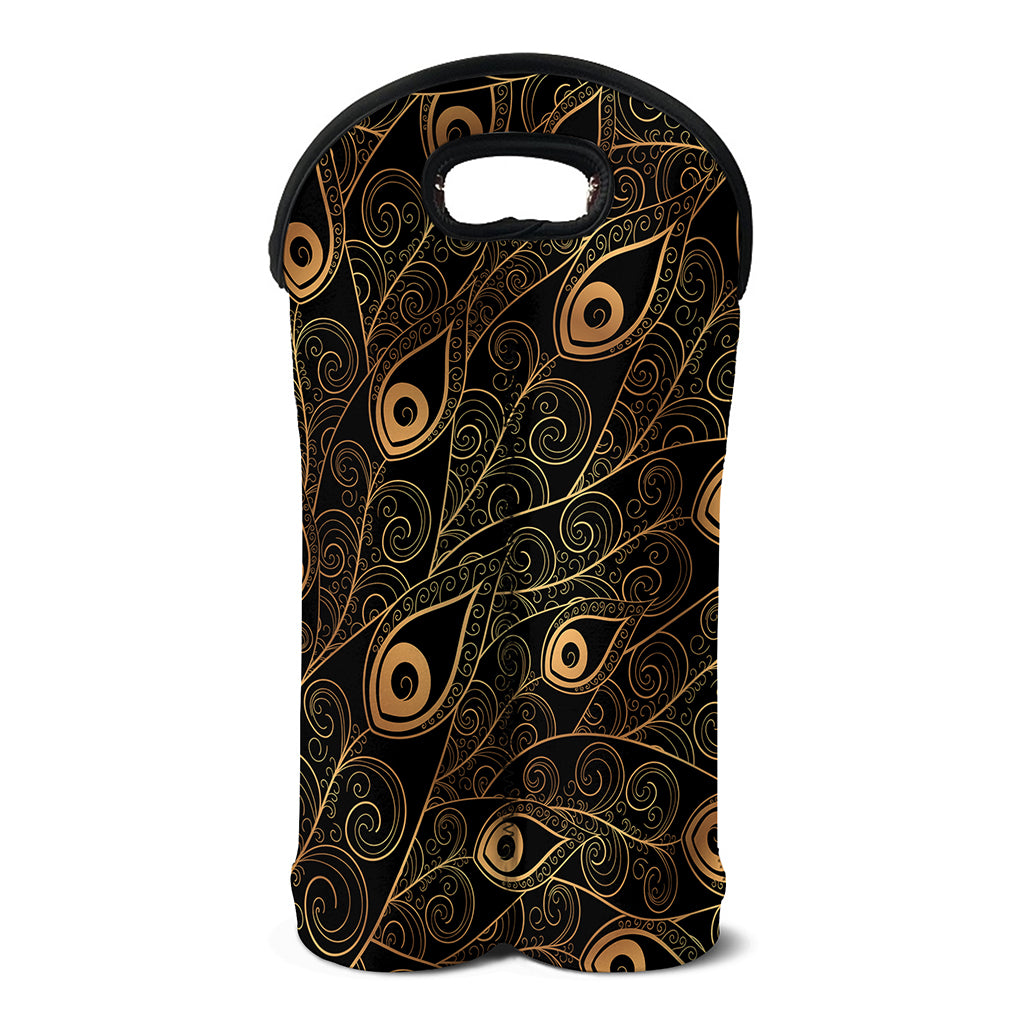 Black And Gold Peacock Feather Print Double Neoprene Wine Tote