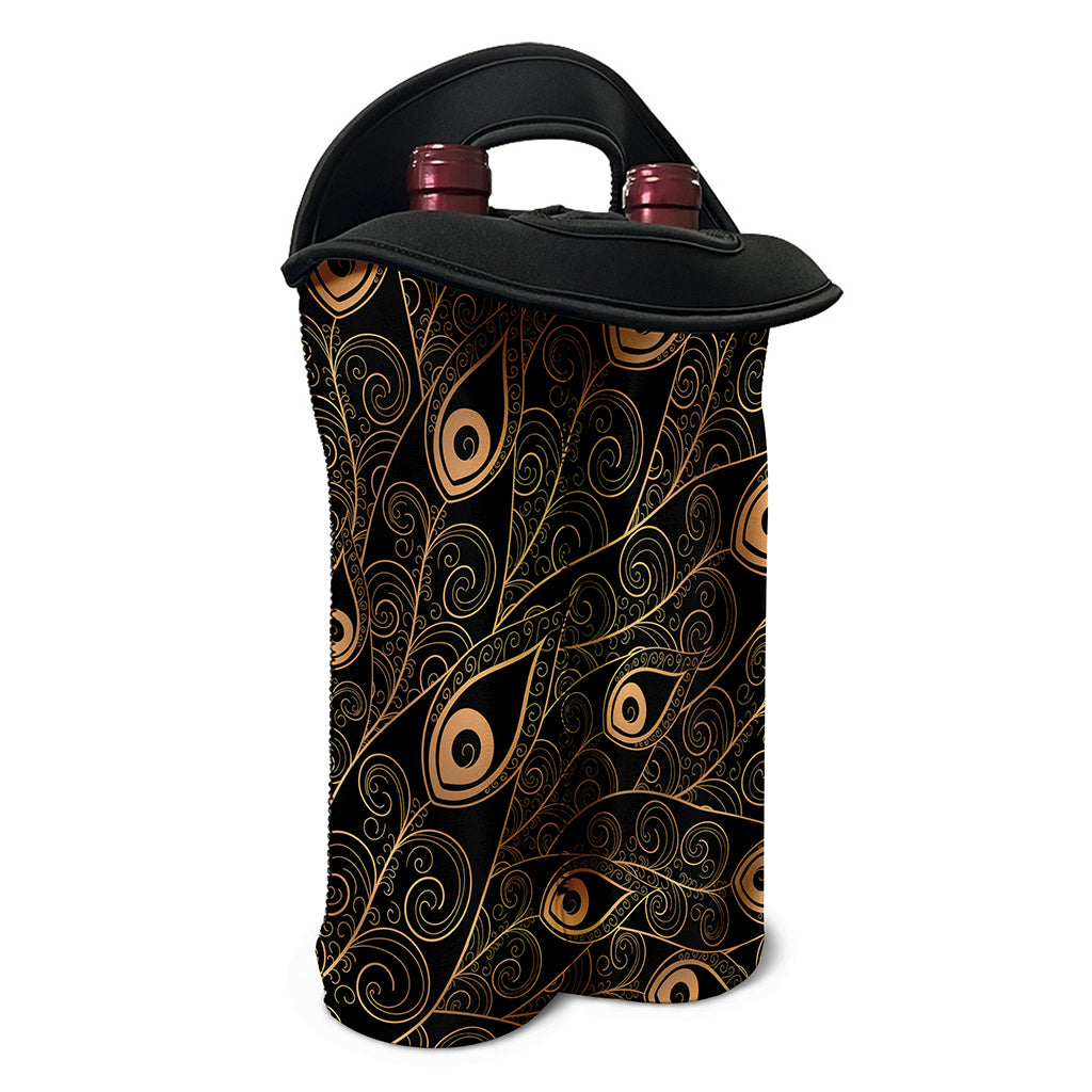 Black And Gold Peacock Feather Print Double Neoprene Wine Tote