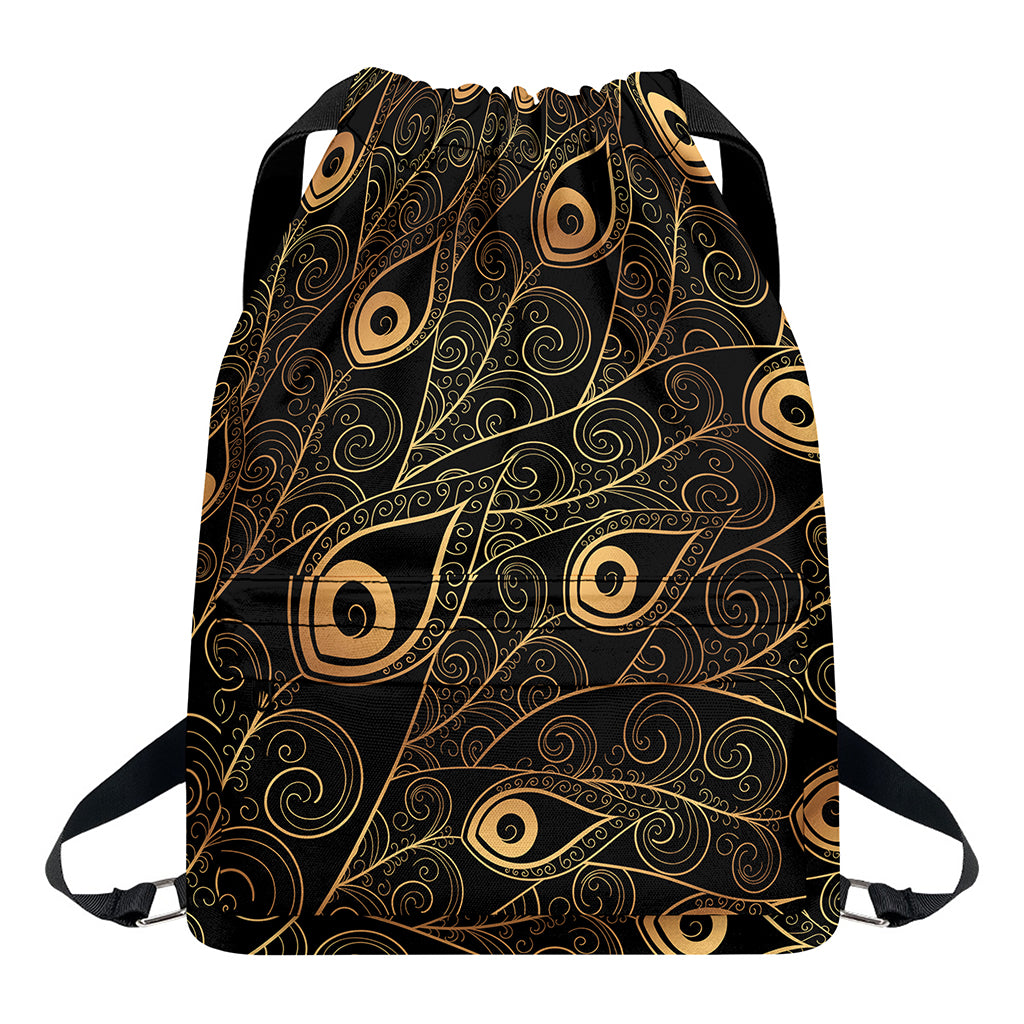 Black And Gold Peacock Feather Print Drawstring Backpack