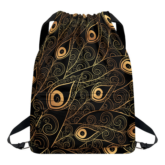 Black And Gold Peacock Feather Print Drawstring Backpack
