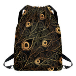 Black And Gold Peacock Feather Print Drawstring Backpack