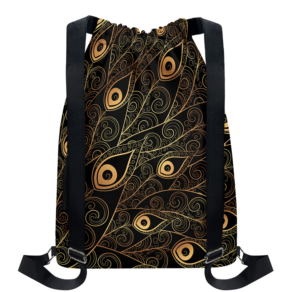 Black And Gold Peacock Feather Print Drawstring Backpack