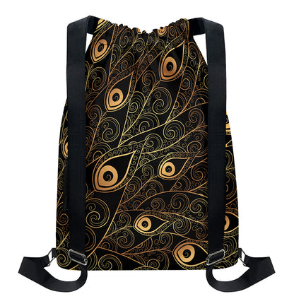 Black And Gold Peacock Feather Print Drawstring Backpack