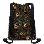 Black And Gold Peacock Feather Print Drawstring Backpack