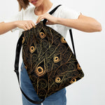 Black And Gold Peacock Feather Print Drawstring Backpack
