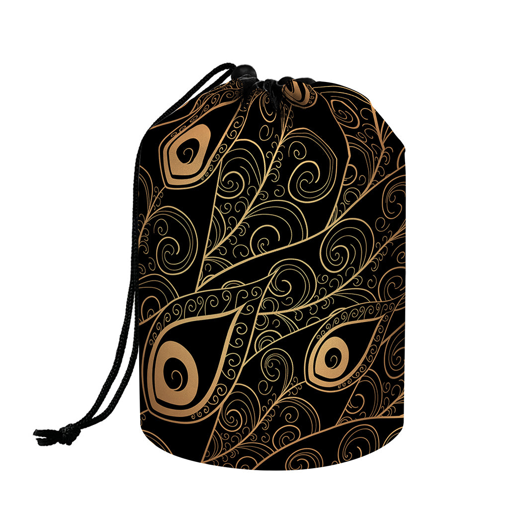 Black And Gold Peacock Feather Print Drawstring Makeup Bag